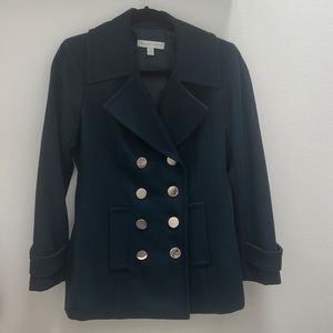 Never worn, dark cyan/pine green pea coat with silver accent buttons
